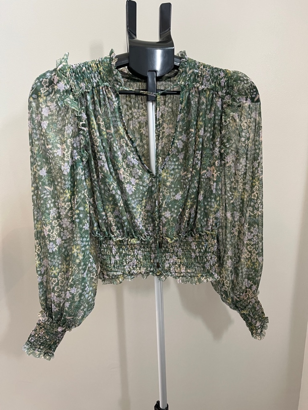 Free People Twyla Green Floral Tie-Front Shirred Waist Blouse - Size Small - Picture 2 of 11